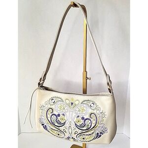 Retired HOBO Pier Ivory Leather Shoulder Bag Paisley Embroidered Boho Authentic